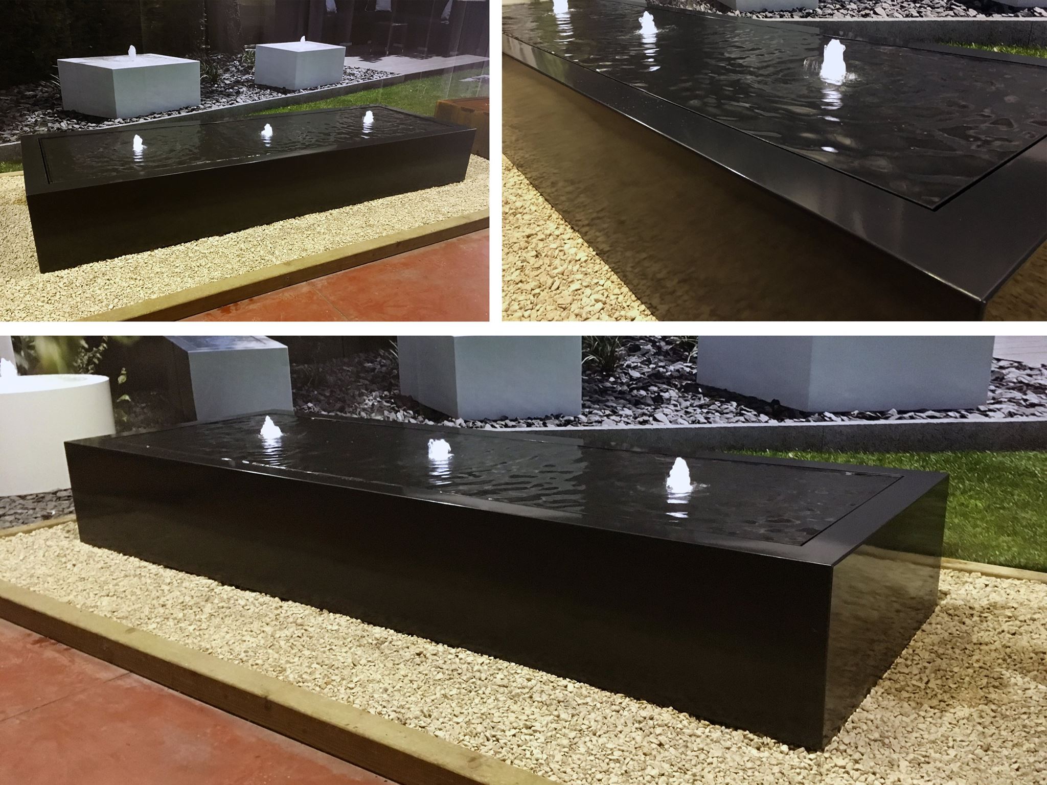 Bekijk onze zwarte aluminium Corux watertafel van 300 x 100 x 40 cm in ons atelier.